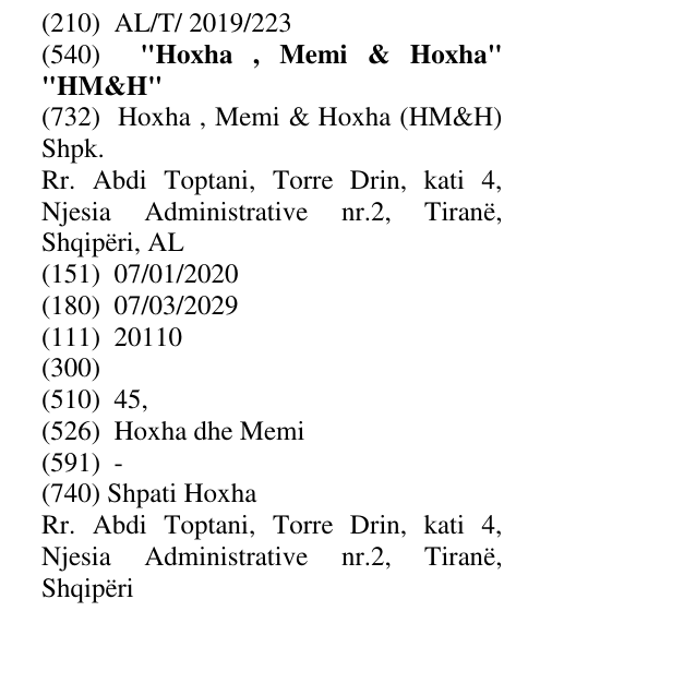 Zëri i markës "Hoxha , Memi & Hoxha" "HM&H" në buletin