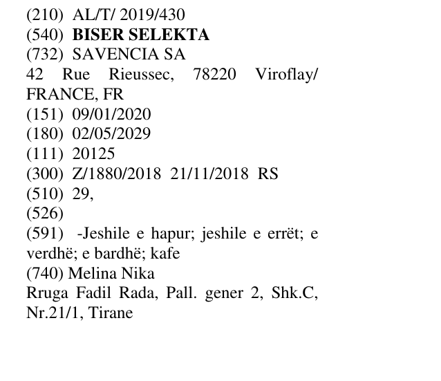 Zëri i markës BISER SELEKTA në buletin