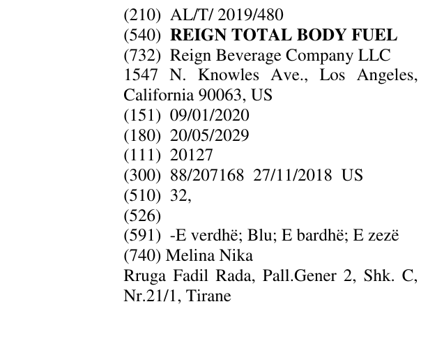 Zëri i markës REIGN TOTAL BODY FUEL në buletin