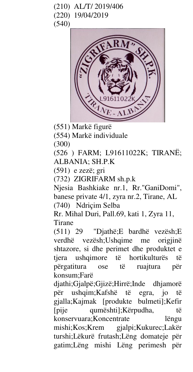 Zëri i markës FARM; L91611022K; TIRANË; ALBANIA; SH.P.K në buletin