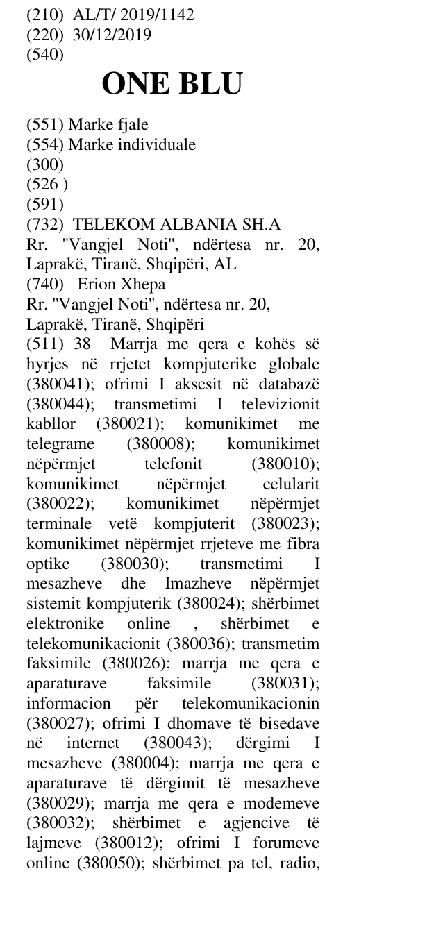 Zëri i markës ONE BLU në buletin