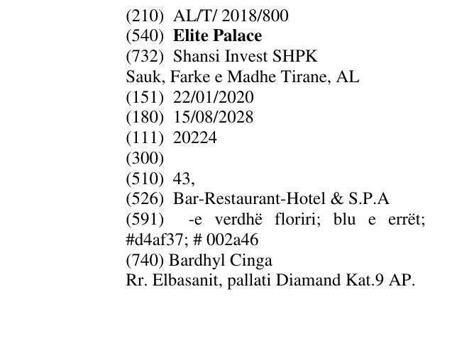Zëri i markës Elite Palace në buletin