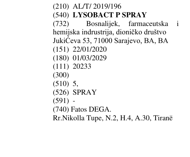 Zëri i markës LYSOBACT P SPRAY në buletin