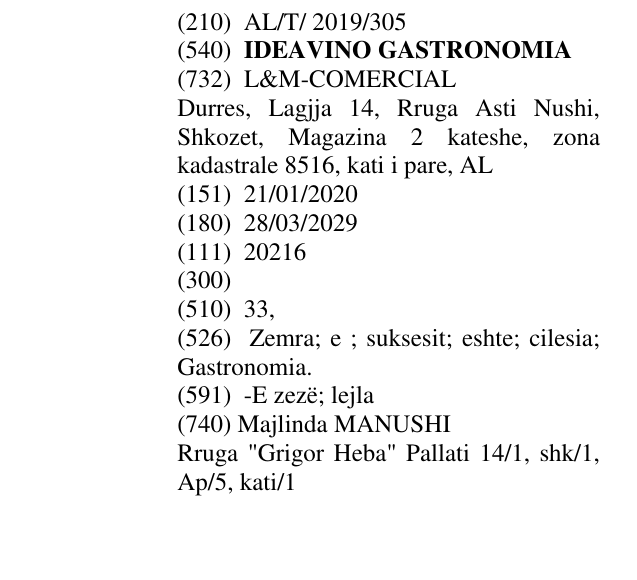 Zëri i markës IDEAVINO GASTRONOMIA në buletin