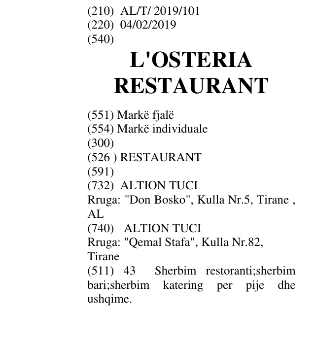 Zëri i markës L'OSTERIA RESTAURANT në buletin