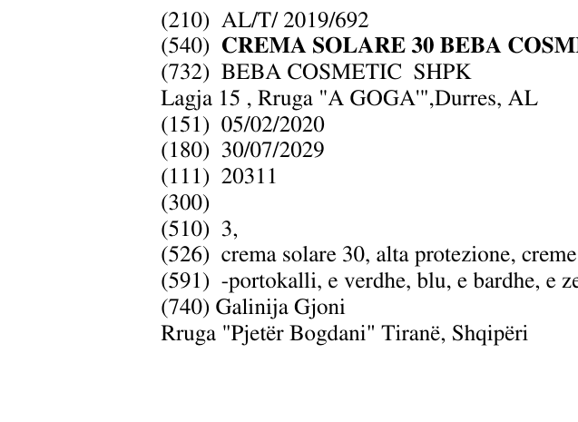 Zëri i markës CREMA SOLARE 30 BEBA COSMETIC në buletin