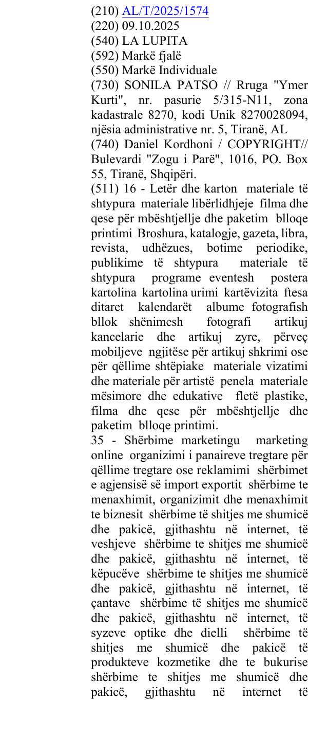 Zëri i markës LA LUPITA në buletin