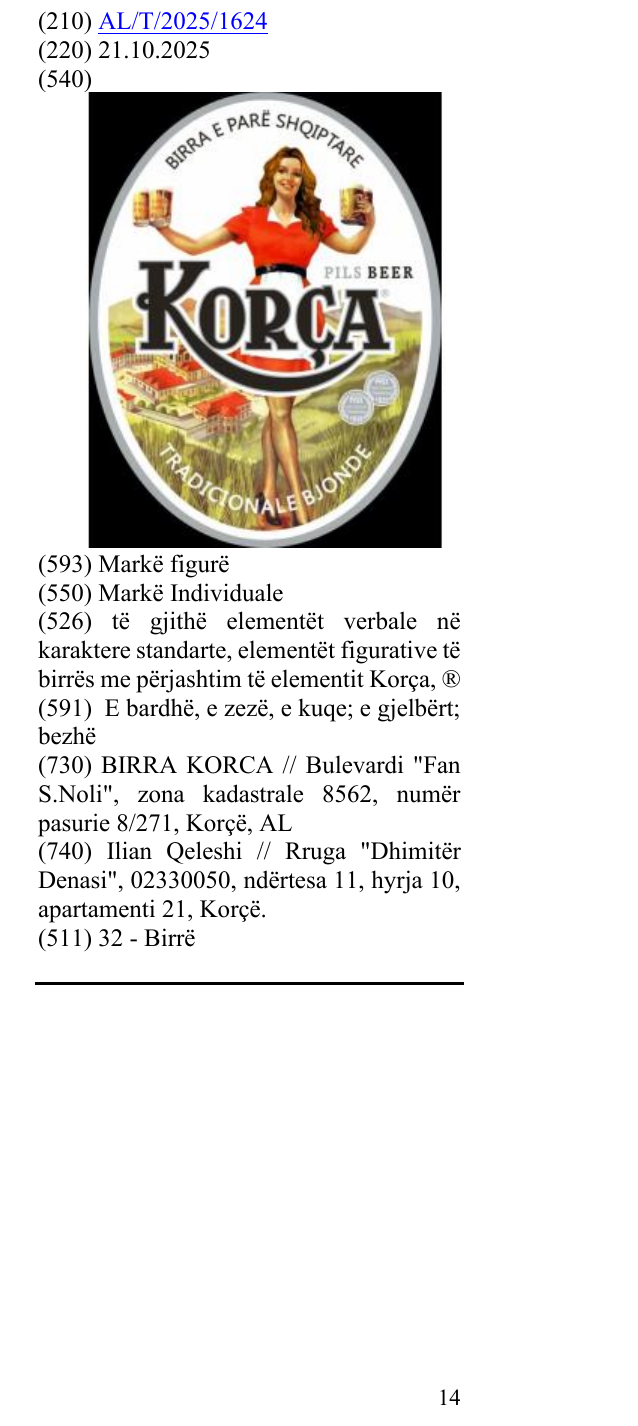 Zëri i markës të gjithë elementët verbale në karaktere standarte, elementët figurative të birrës me përjashtim të elementit Korça, ® në buletin