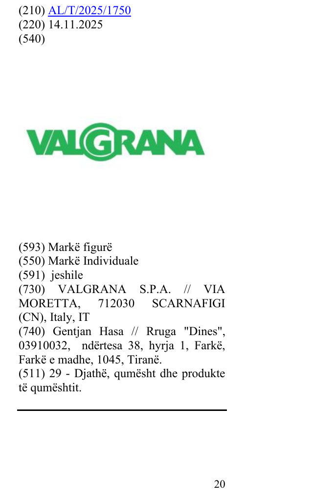 Zëri i markës VALGRANA në buletin