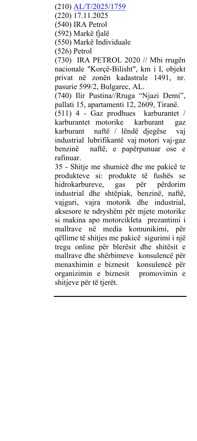Zëri i markës IRA Petrol në buletin