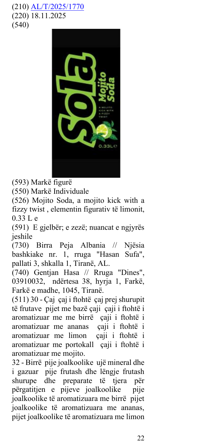 Zëri i markës Mojito Soda, a mojito kick with a fizzy twist , elementin figurativ të limonit, 0.33 L e në buletin
