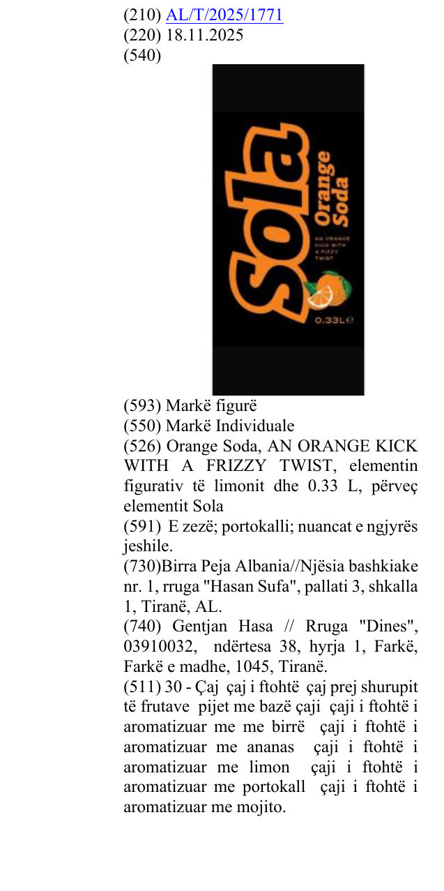 Zëri i markës Orange Soda, AN ORANGE KICK WITH A FRIZZY TWIST, elementin figurativ të limonit dhe 0.33 L, përveç elementit Sola në buletin