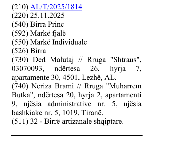 Zëri i markës Birra Princ në buletin