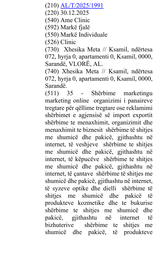 Zëri i markës Ame Clinic në buletin