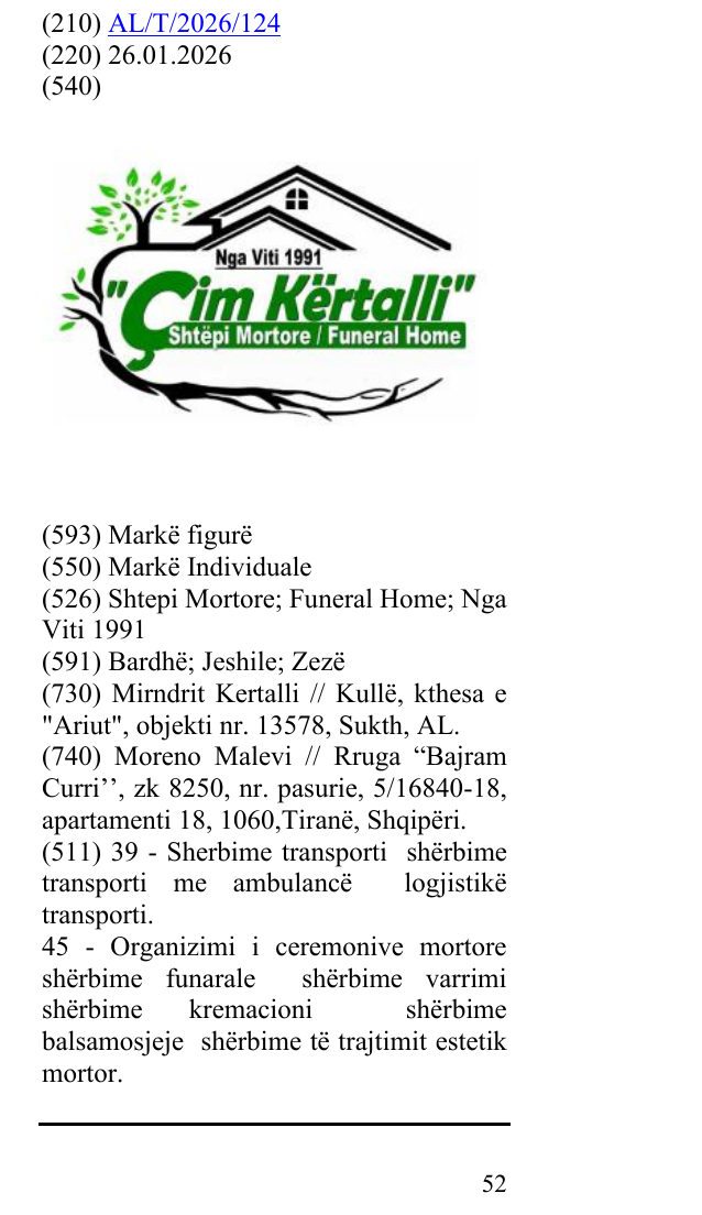 Zëri i markës Shtepi Mortore; Funeral Home; Nga Viti 1991 në buletin