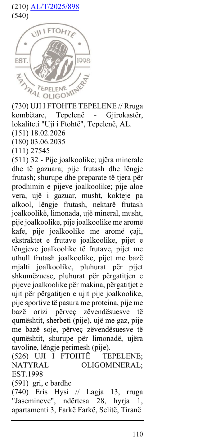 Zëri i markës UJI I FTOHTË TEPELENE; NATYRAL OLIGOMINERAL; EST.1998 në buletin