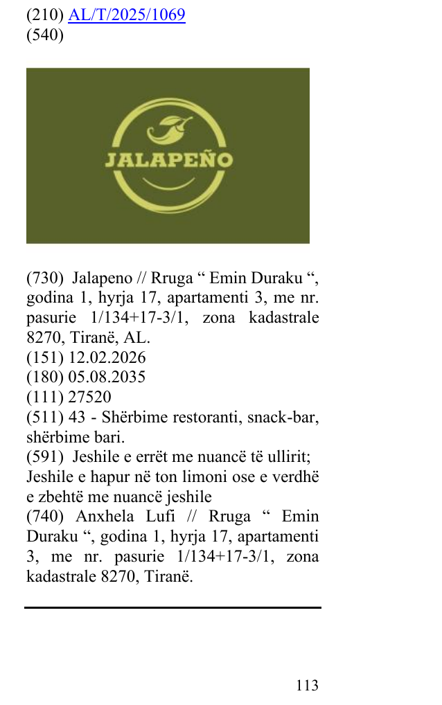 Zëri i markës JALAPEÑO në buletin