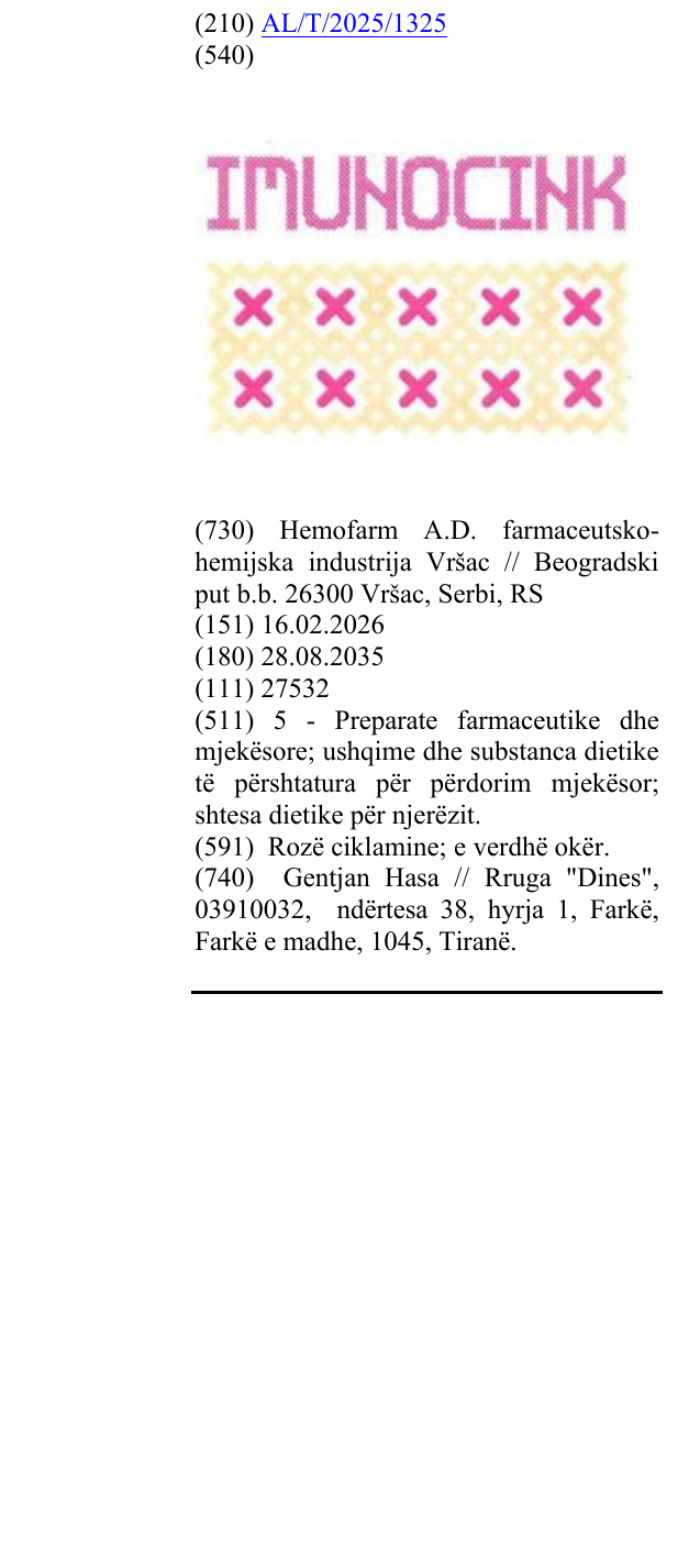Zëri i markës IMUNOCINK në buletin