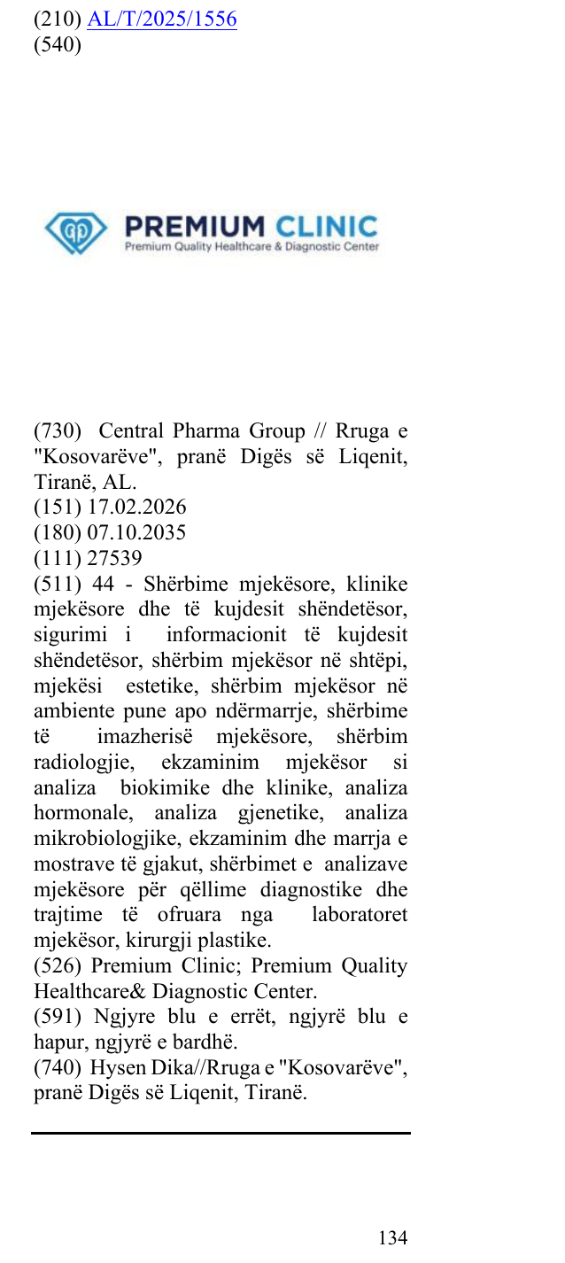 Zëri i markës Premium Clinic; Premium Quality Healthcare& Diagnostic Center. në buletin