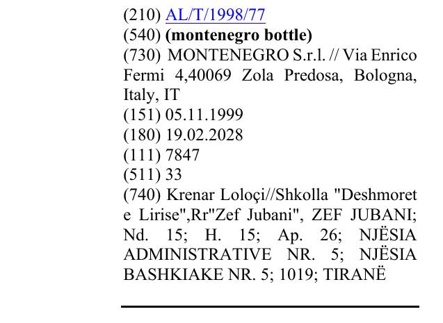 Zëri i markës (montenegro bottle) në buletin