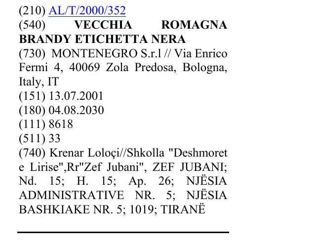 Zëri i markës VECCHIA ROMAGNA BRANDY ETICHETTA NERA në buletin