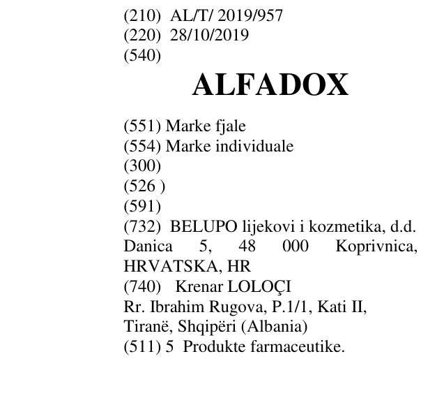 Zëri i markës ALFADOX në buletin