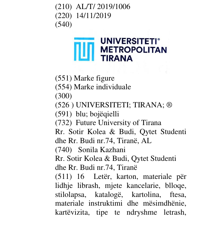 Zëri i markës UNIVERSITETI; TIRANA; ® në buletin
