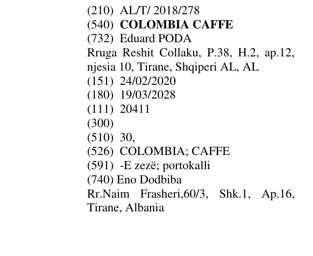 Zëri i markës COLOMBIA CAFFE në buletin