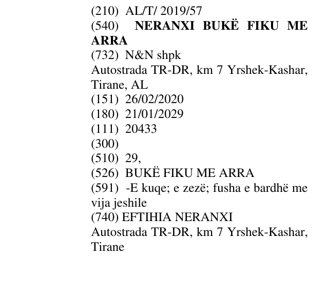 Zëri i markës NERANXI BUKË FIKU ME ARRA në buletin