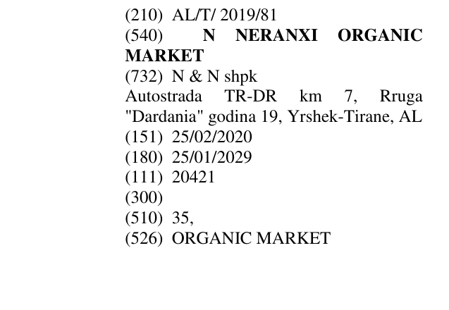 Zëri i markës N NERANXI ORGANIC MARKET në buletin