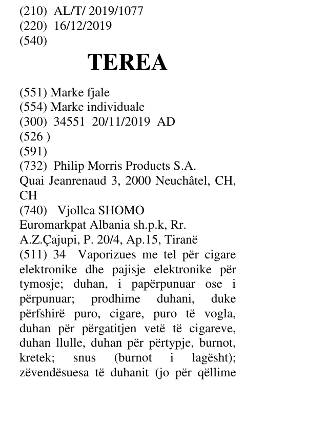 Zëri i markës TEREA në buletin