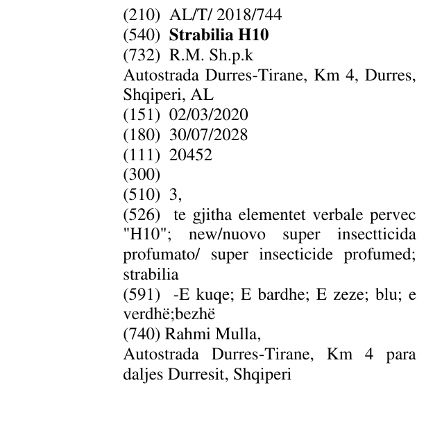 Zëri i markës Strabilia H10 në buletin