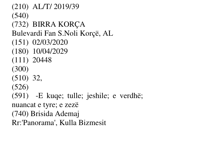 Zëri i markës AL/T/2019/39 në buletin