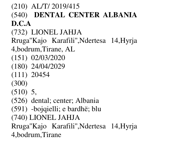 Zëri i markës DENTAL CENTER ALBANIA D.C.A në buletin