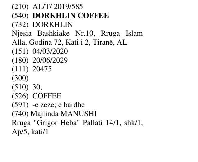 Zëri i markës DORKHLIN COFFEE në buletin