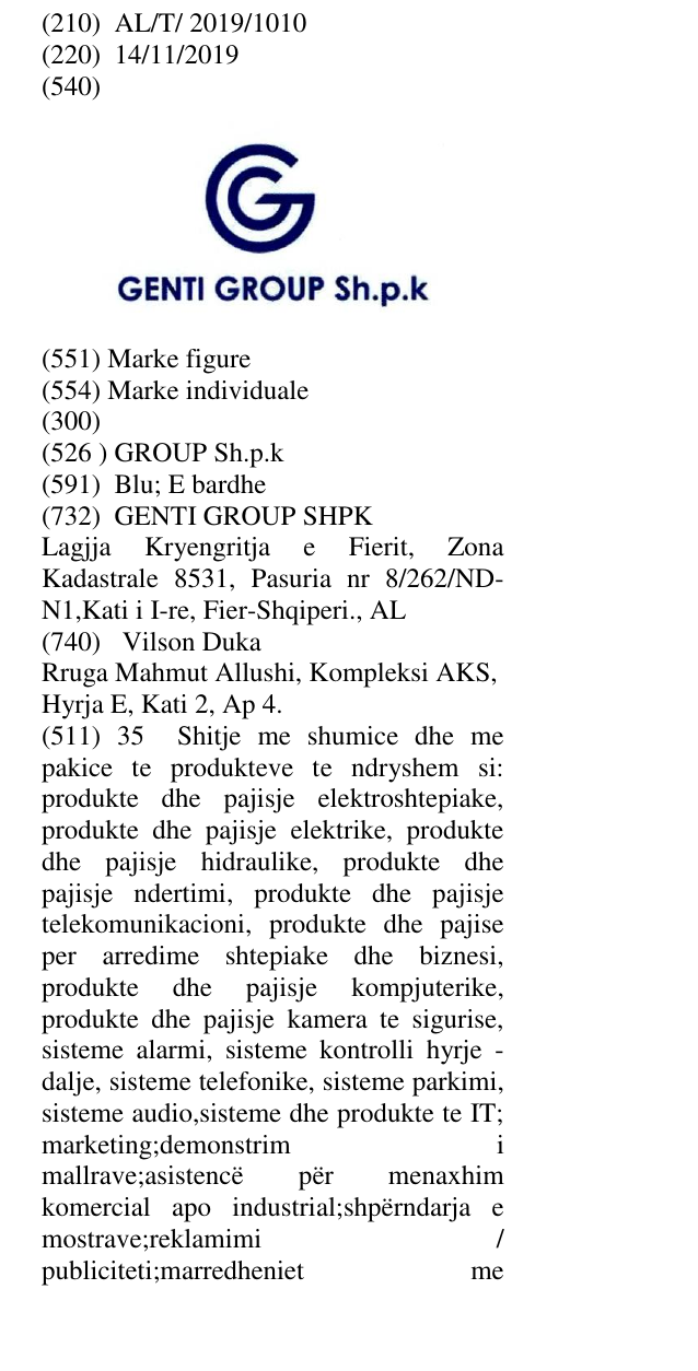 Zëri i markës GROUP Sh.p.k në buletin