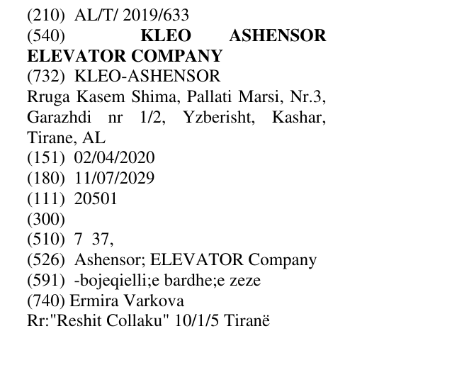 Zëri i markës KLEO ASHENSOR ELEVATOR COMPANY në buletin