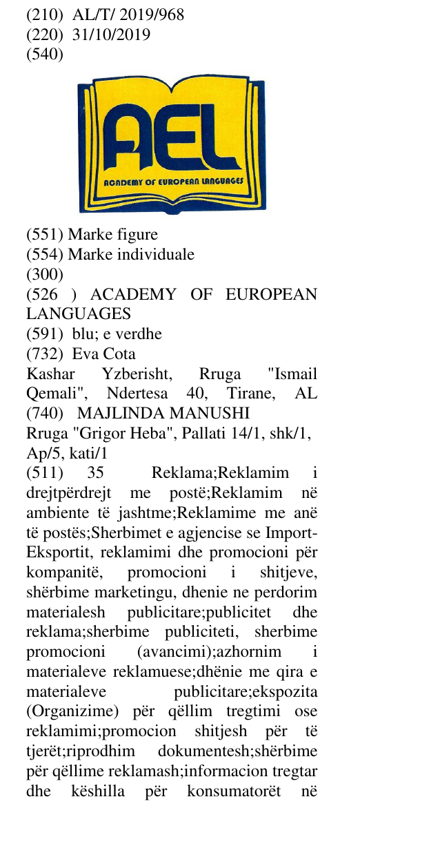 Zëri i markës ACADEMY OF EUROPEAN LANGUAGES në buletin