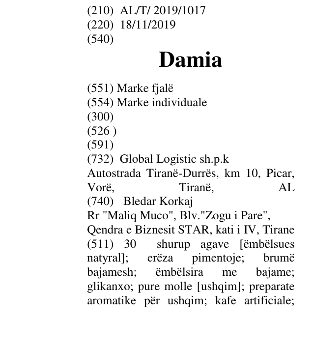 Zëri i markës Damia në buletin