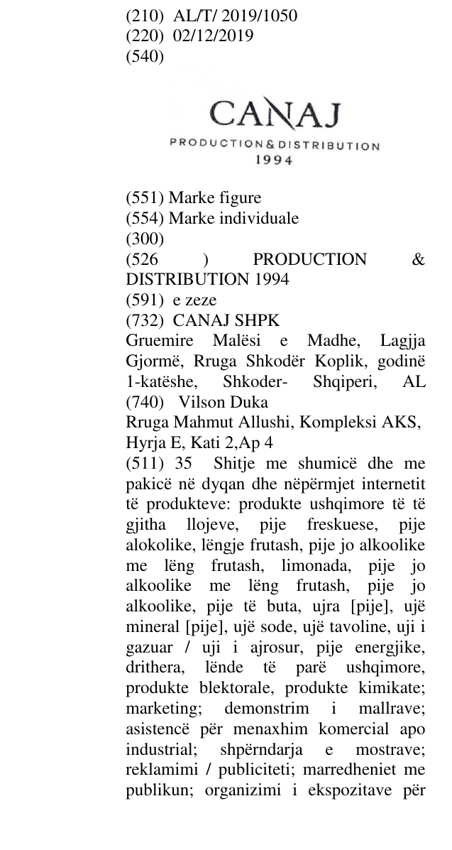 Zëri i markës PRODUCTION & DISTRIBUTION 1994 në buletin