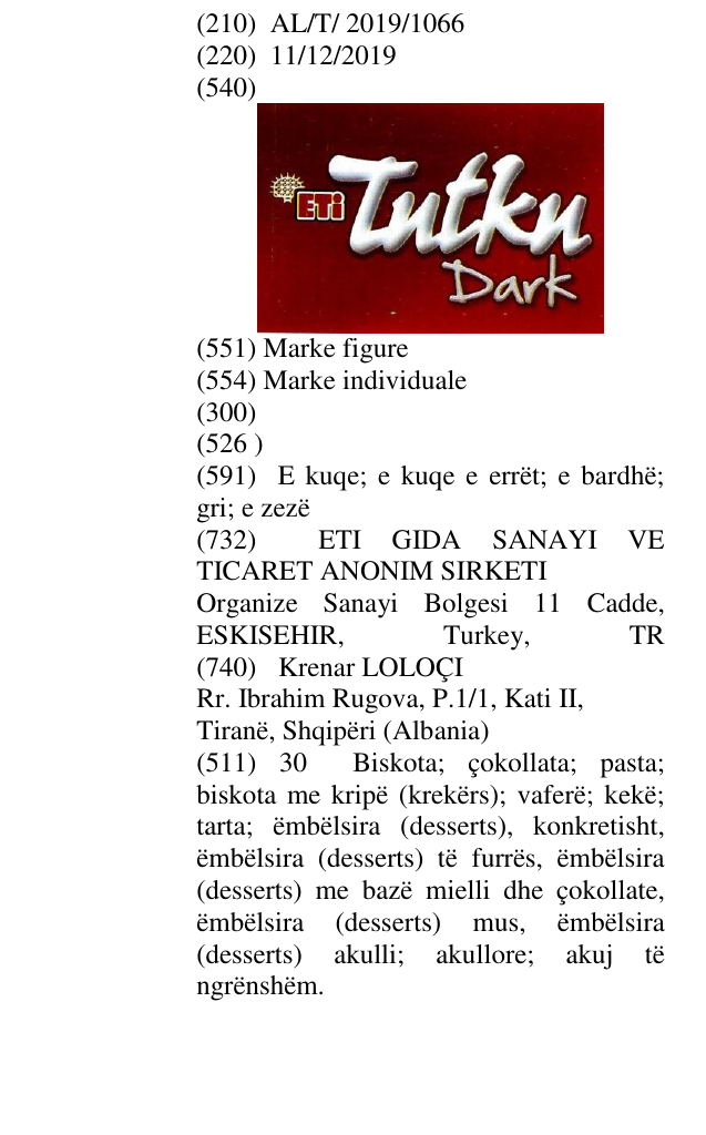 Zëri i markës ETI TUTKU DARK në buletin