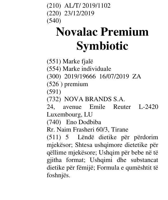 Zëri i markës Novalac Premium Symbiotic në buletin