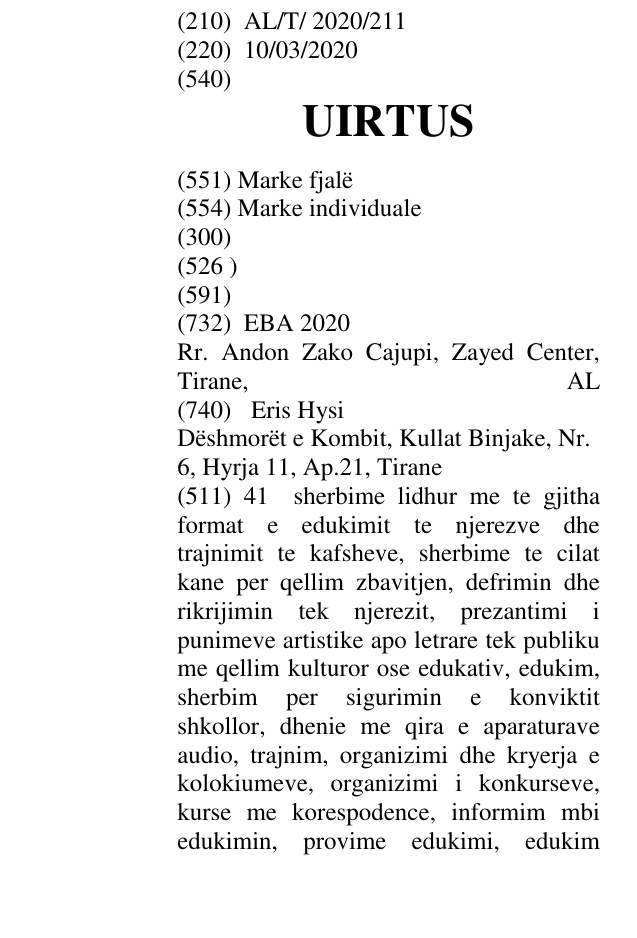Zëri i markës UIRTUS në buletin