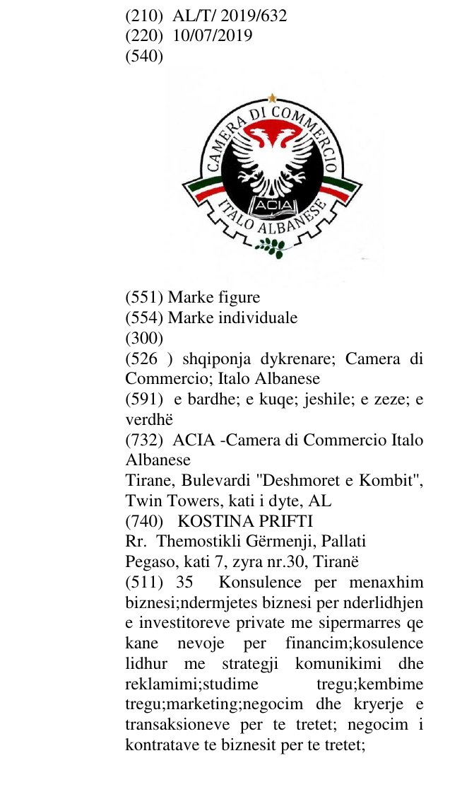 Zëri i markës shqiponja dykrenare; Camera di Commercio; Italo Albanese në buletin