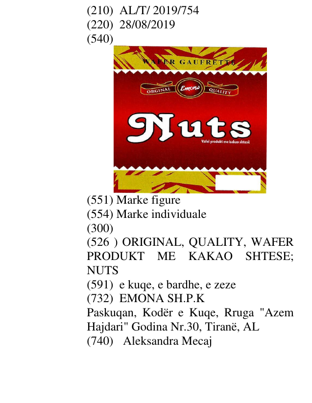 Zëri i markës ORIGINAL, QUALITY, WAFER PRODUKT ME KAKAO SHTESE; NUTS në buletin