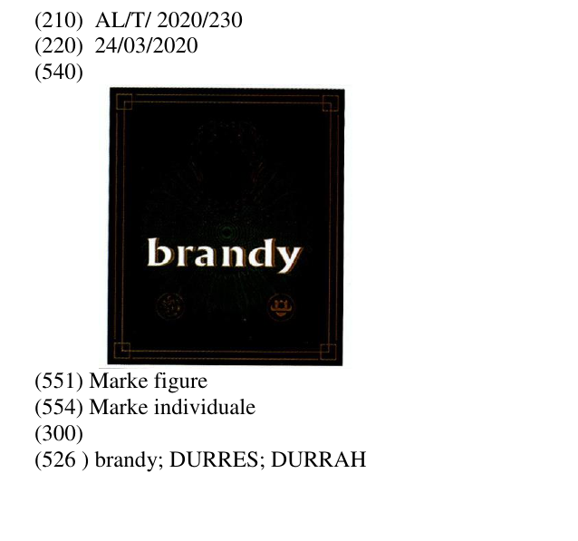 Zëri i markës brandy; DURRES; DURRAH Buletini i Pronësisë Industriale 25 në buletin