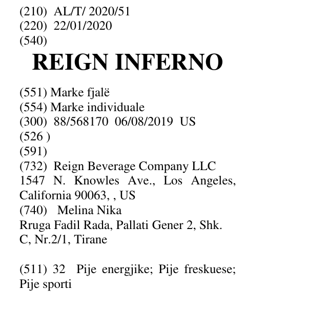 Zëri i markës REIGN INFERNO në buletin