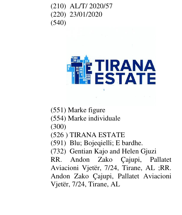 Zëri i markës TIRANA ESTATE në buletin