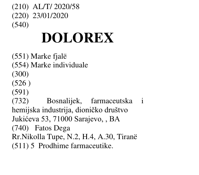 Zëri i markës DOLOREX në buletin