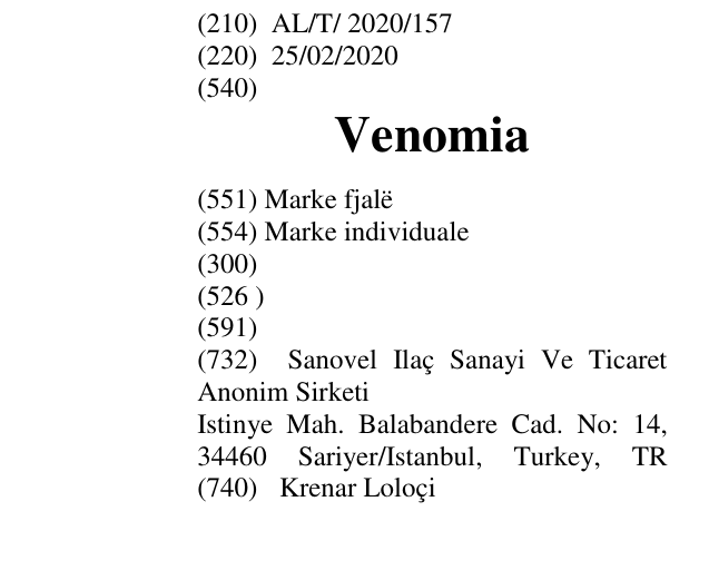 Zëri i markës Venomia në buletin